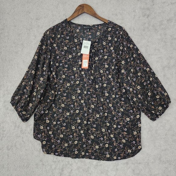 NWT Bobeau Womens Black Purple Floral Lace-Up Top 1X Chiffon JPT - Picture 1 of 11